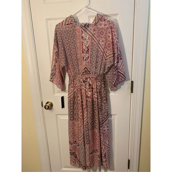 STELLA & JULIE BOHO DRESS HI LO MIDI V NECK SHEER BURGUNDY/CREAM/MAUVE SZ 8 - Picture 11 of 14